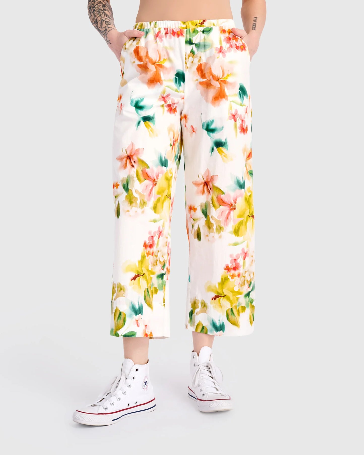 Alembika Garden Cotton Pants - White Floral - Sizes: S M L