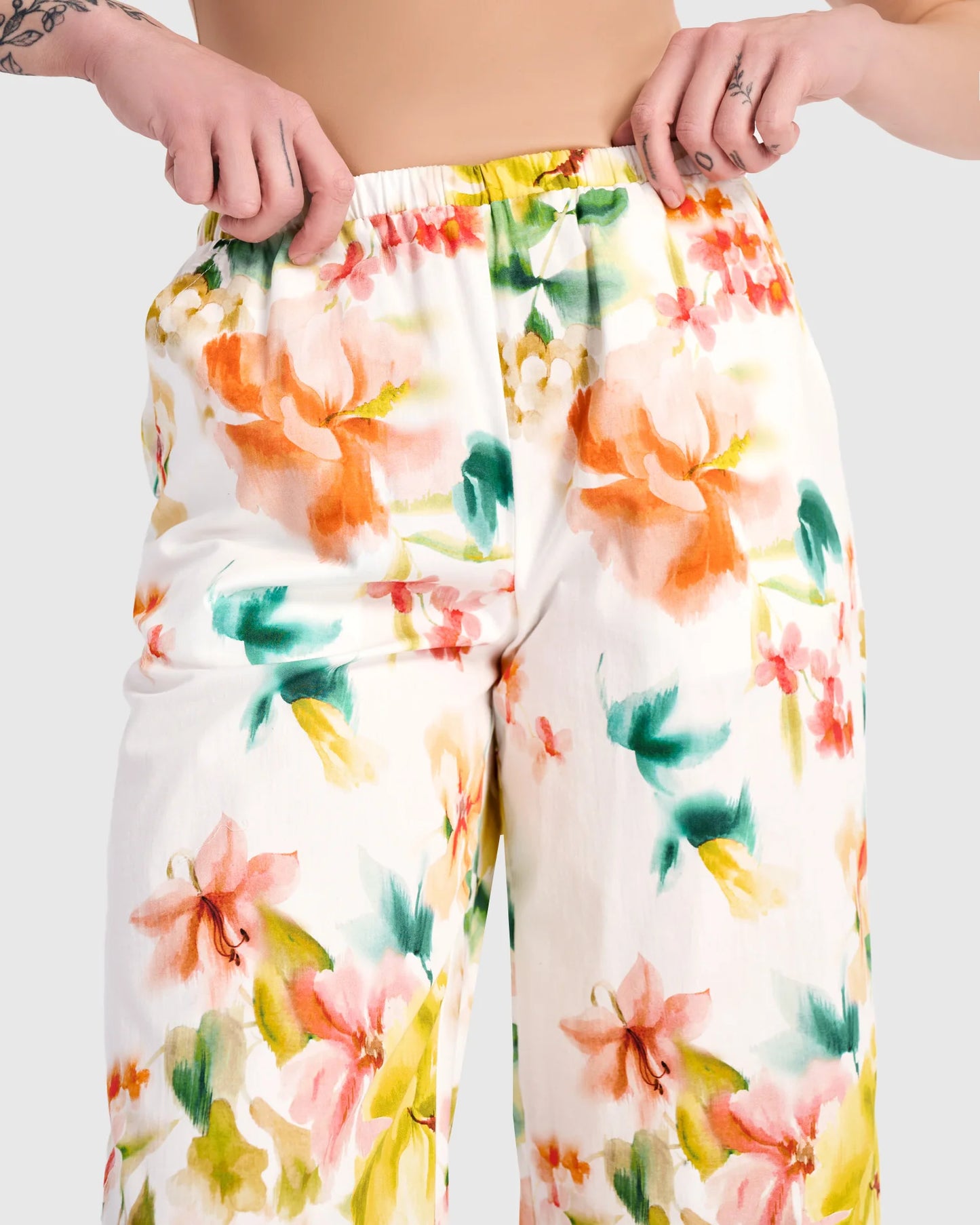 Alembika Garden Cotton Pants - White Floral - Sizes: S M L