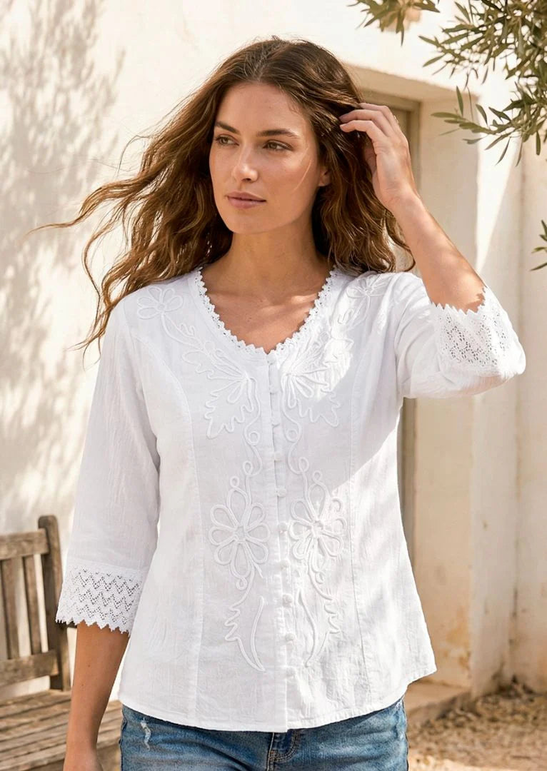 Gretty Zueger "Nazira 3/4 Sleeve Cotton Blouse" - White - Sizes: S M L