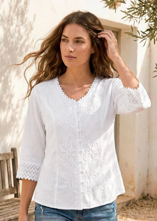 Gretty Zueger "Nazira 3/4 Sleeve Cotton Blouse" - White - Sizes: S M L