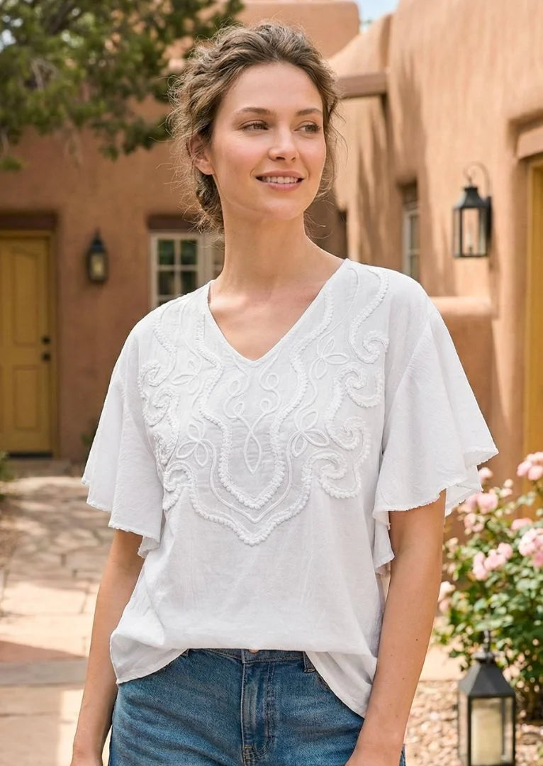 Gretty Zueger "Cataleya Ruffled Sleeve Cotton Top" - White - Sizes: S M L