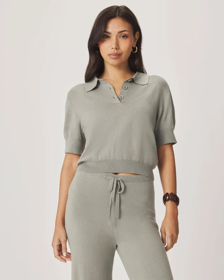 Splendid "Christa" Polo Short Sleeve Sweater - Eucalyptus - Sizes: S M L