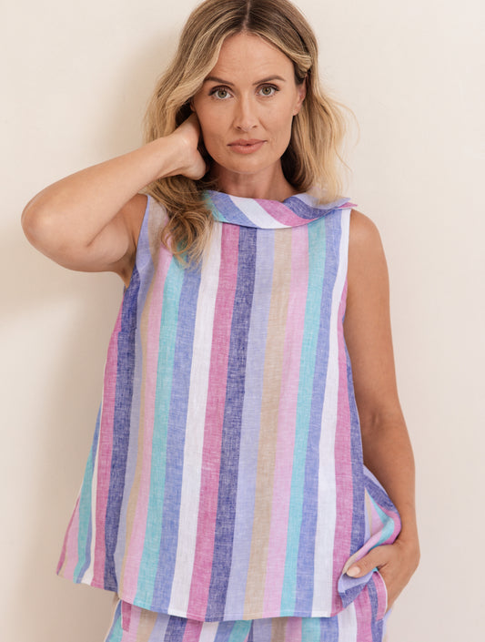 See Saw    Button Back Multi Stripe Cowl Neck Top - Sizes: 10 12 16