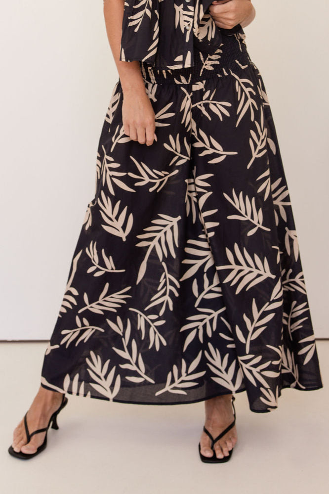 See Saw Cotton Wide Leg Pant - Black/Natural Leaf Print - Sizes: 12 14
