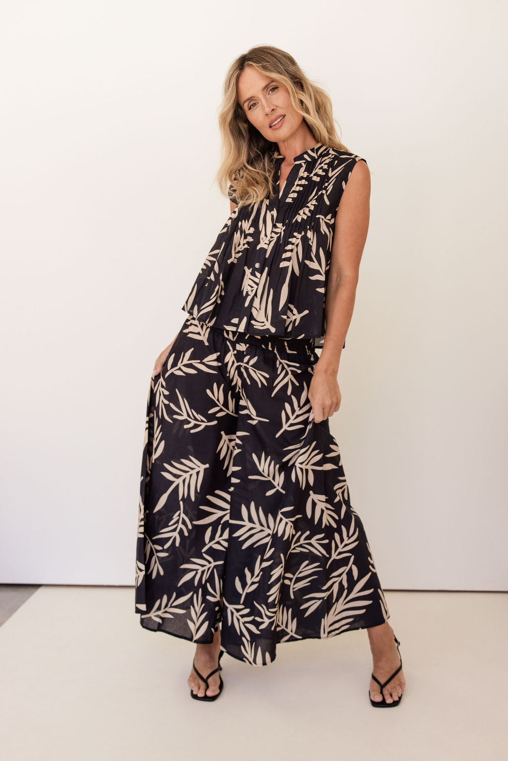 See Saw Cotton Wide Leg Pant - Black/Natural Leaf Print - Sizes: 12 14