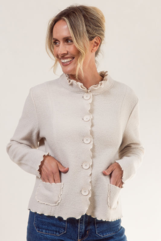 See Saw Boiled Wool Ruffle Trim Jacket - Cream - Sizes: S  L XL
