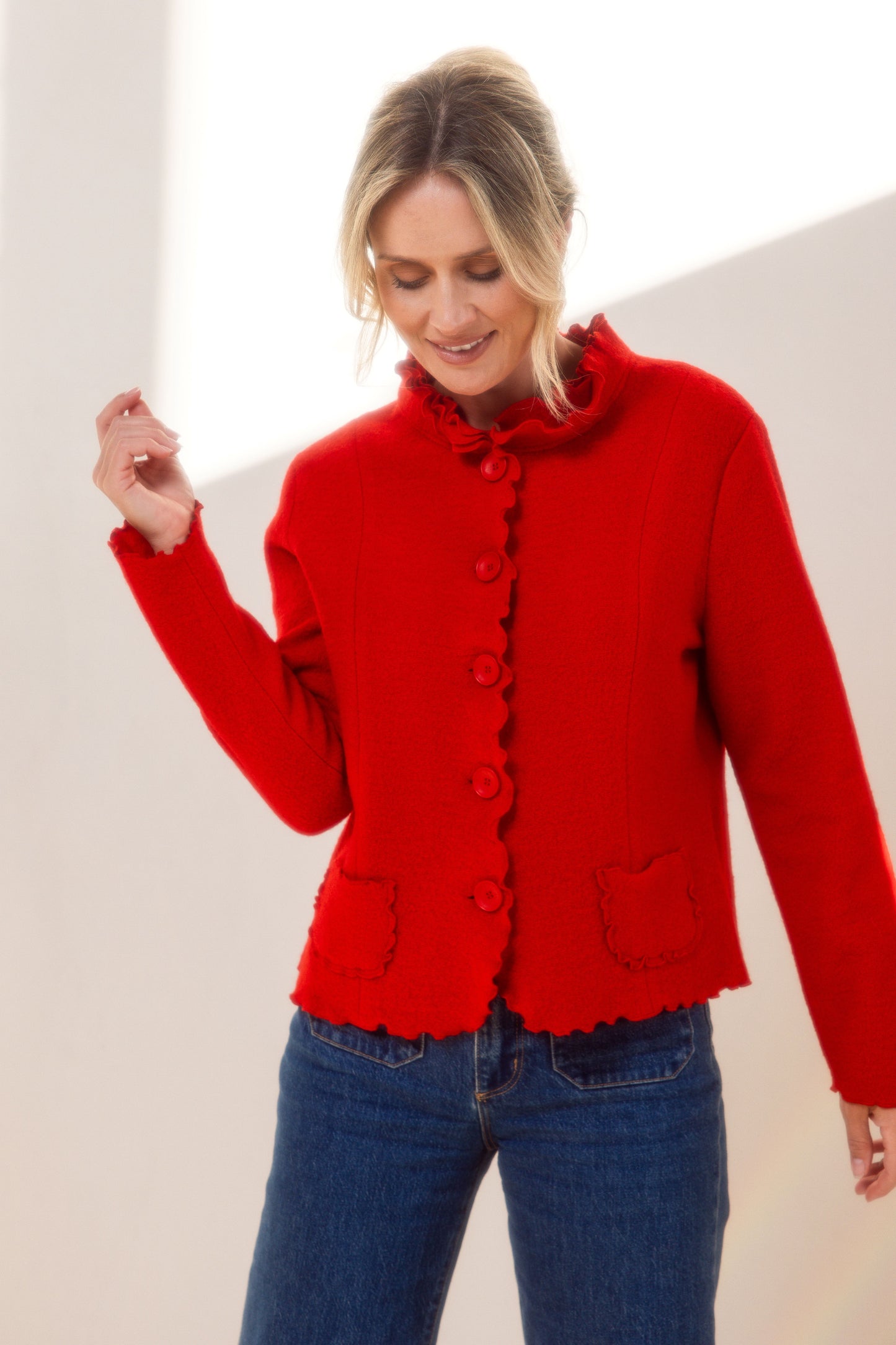 See Saw Boiled Wool Ruffle Trim Jacket - Red - Sizes: S M L XL