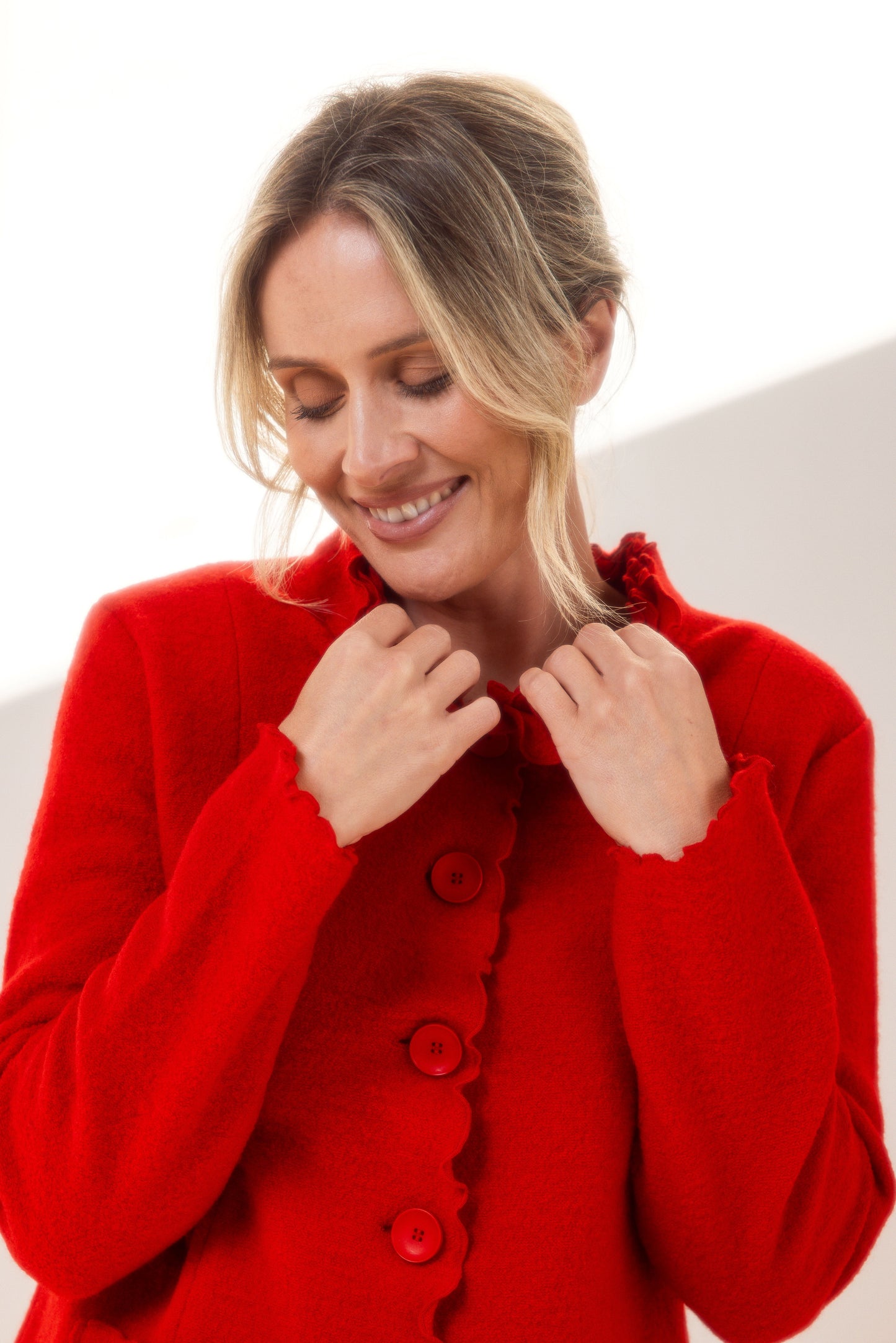 See Saw Boiled Wool Ruffle Trim Jacket - Red - Sizes: S M L XL