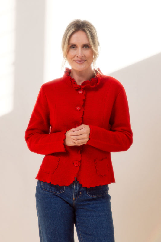 See Saw Boiled Wool Ruffle Trim Jacket - Red - Sizes: S M L XL