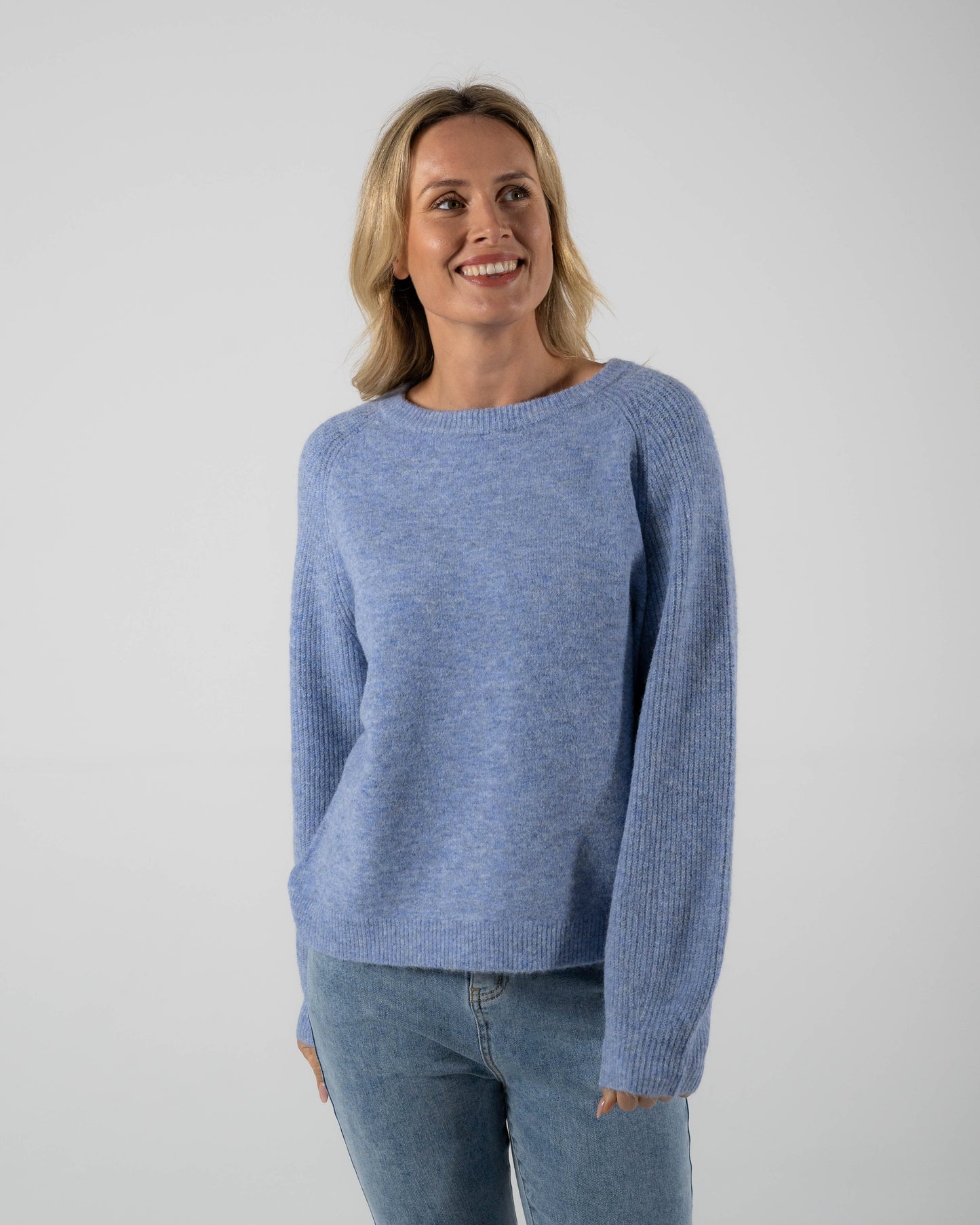 See Saw Crew Neck Sweater with Rib Sleeves - Denim Blue - S   L XL