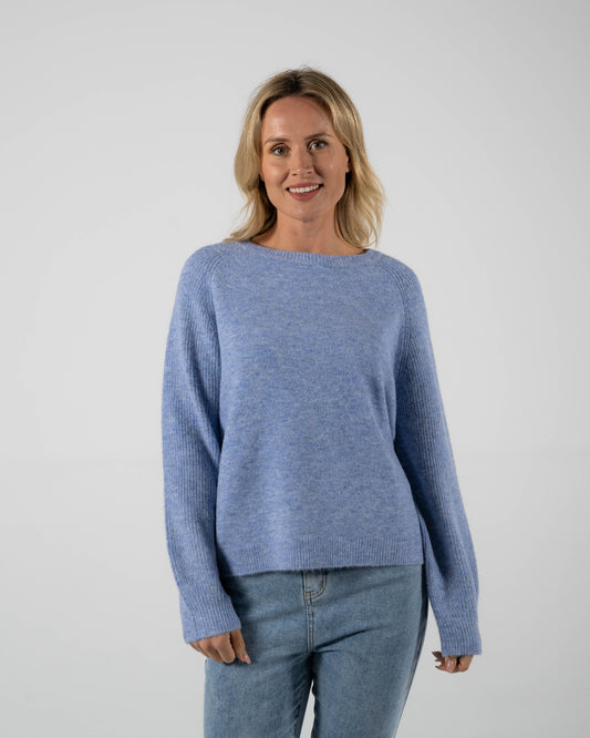 See Saw Crew Neck Sweater with Rib Sleeves - Denim Blue - S   L XL