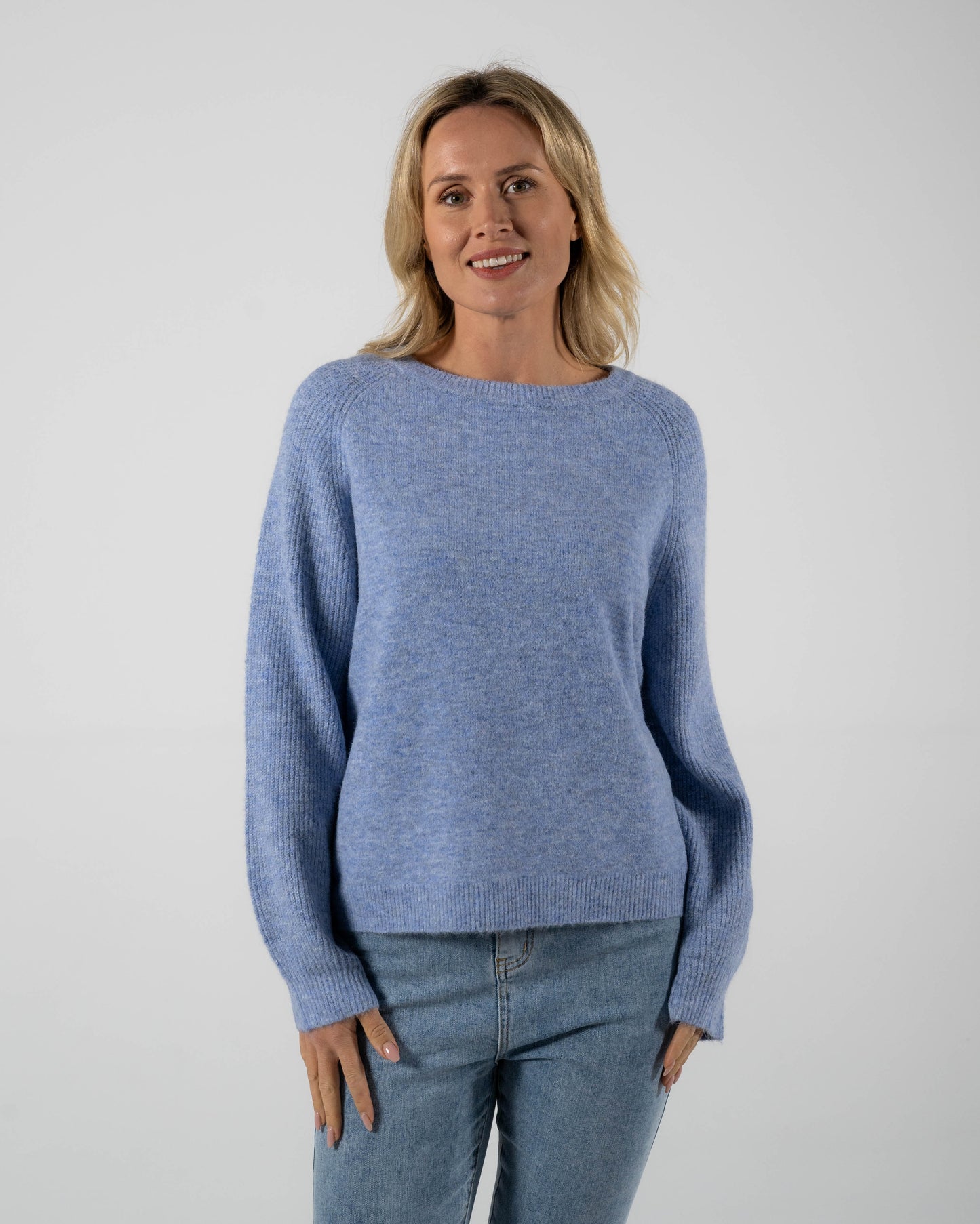 See Saw Crew Neck Sweater with Rib Sleeves - Denim Blue - S   L XL