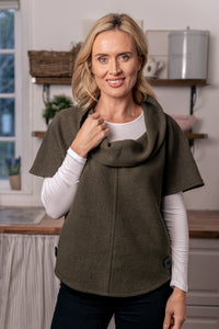 See Saw Boiled Wool Cowl Neck Top - Olive - Sizes:  S/M  M/L