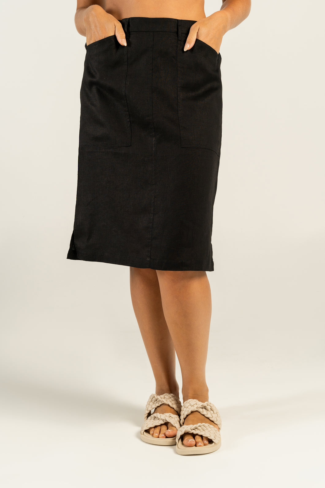 See Saw  Black Linen Straight Skirt With Pockets - Sizes:  8  10  12  18