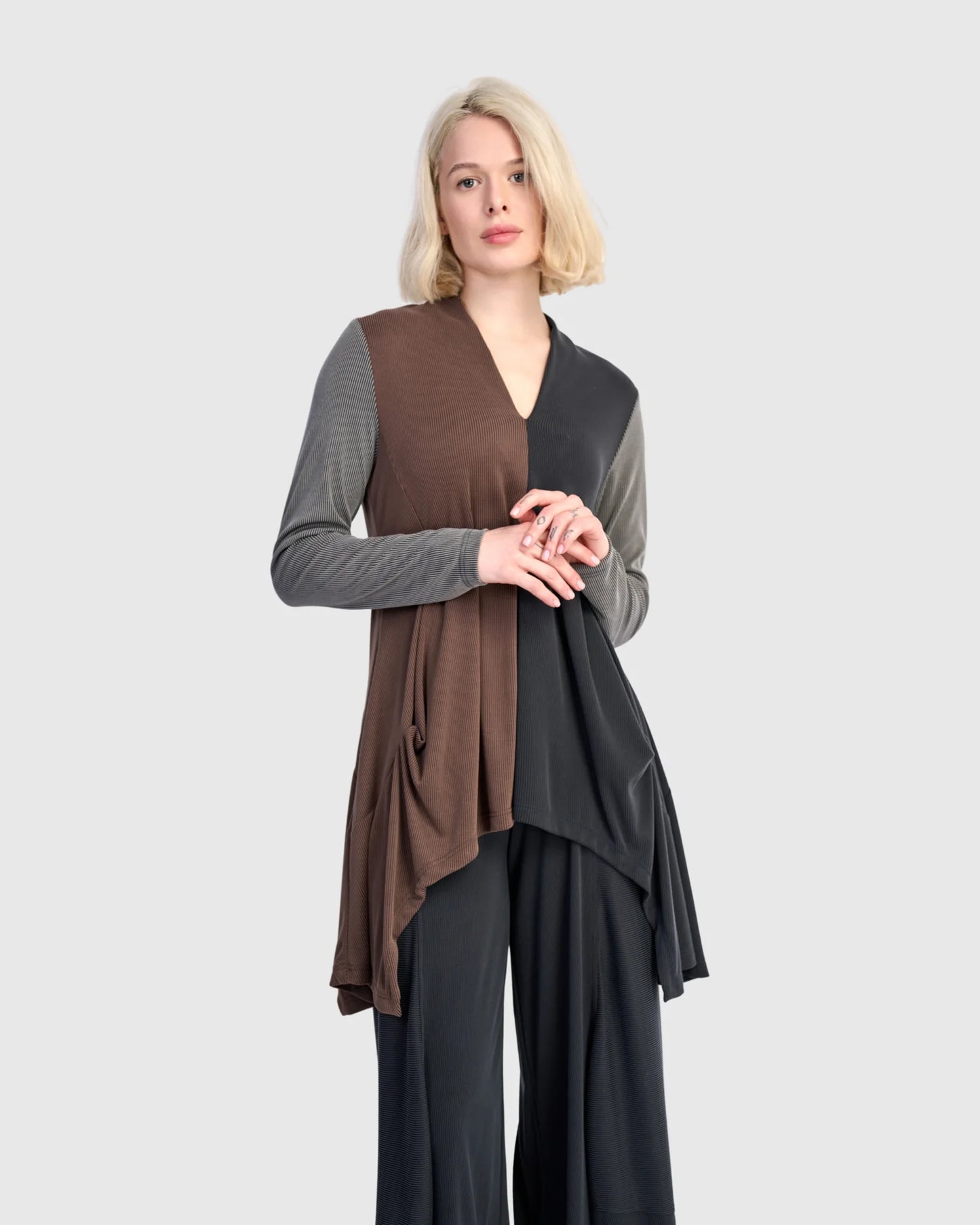 SALE Alembika Trace Cupro Tunic Top - Charcoal + Brown - Sizes: 12 (2)