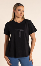 Load image into Gallery viewer, Two-T&#39;s    Black Crew Neck T Shirt with Black Sequin Logo  -  Size:  8