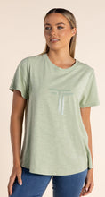 Load image into Gallery viewer, Two-T&#39;s     Soft Green Crew Neck T Shirt w Sequin Logo   -   Sizes: 10  14