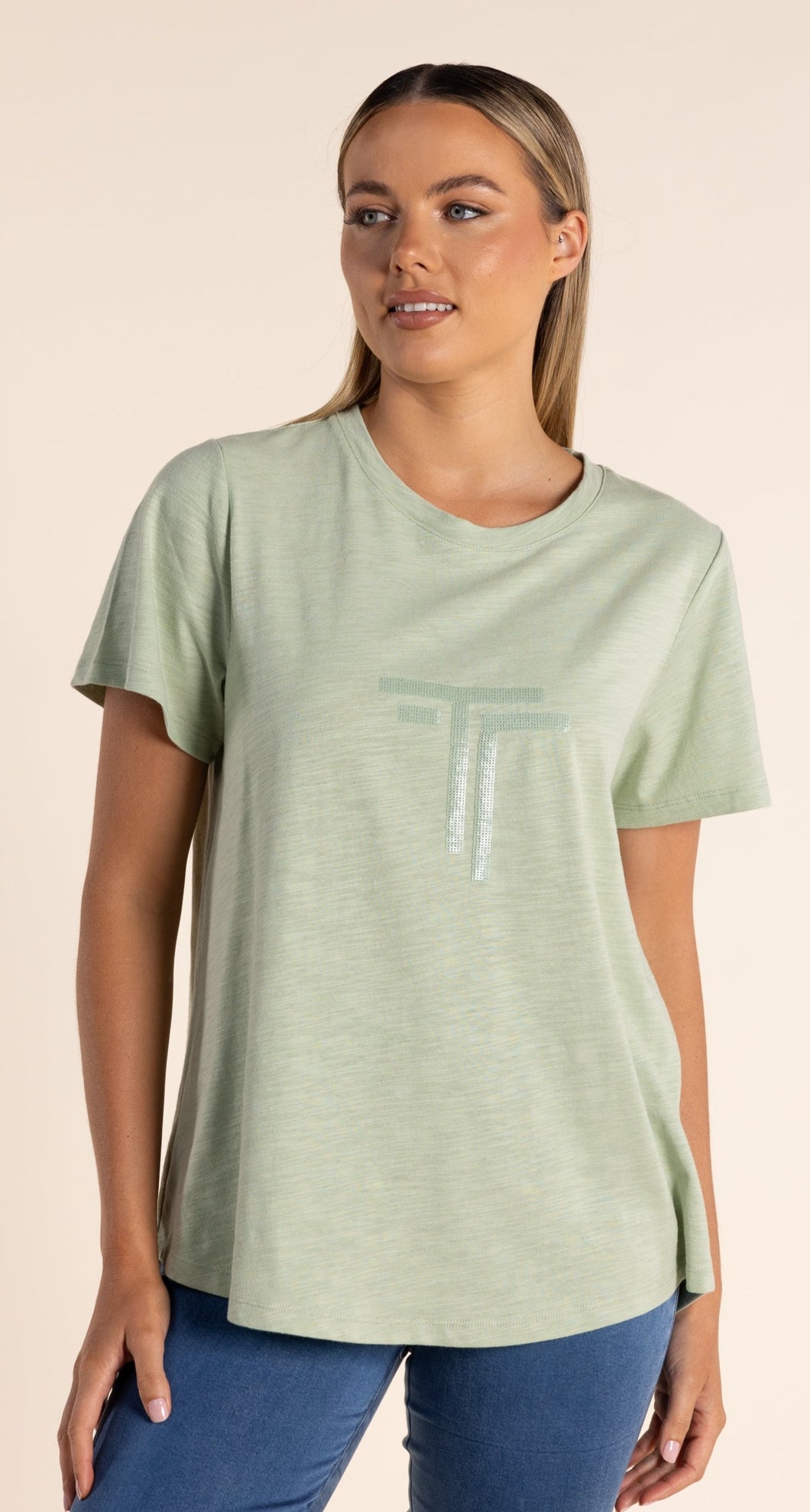 Two-T's     Soft Green Crew Neck T Shirt w Sequin Logo   -   Sizes: 10  14