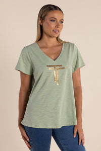 Two-T's    Soft Green V Neck Tee w Gold Sequin Logo  -  Sizes:   10  14