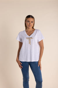 Two-T's     V Neck T-Shirt w Gold Sequin Logo   White    -    Size:  10