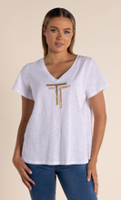 Load image into Gallery viewer, Two-T&#39;s     V Neck T-Shirt w Gold Sequin Logo   White    -    Size:  10