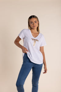 Two-T's     V Neck T-Shirt w Gold Sequin Logo   White    -    Size:  10