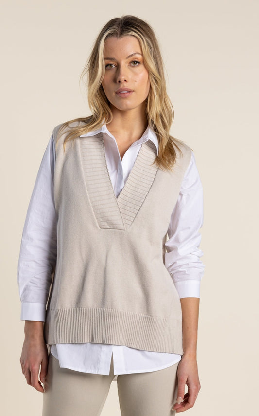 Two T's  Natural V Neck Vest With Side Buttons - Sizes: XS  S  M  L