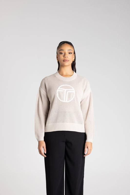 Two-T's Pointelle Knit Logo Sweater - Oat - Sizes: XS M L