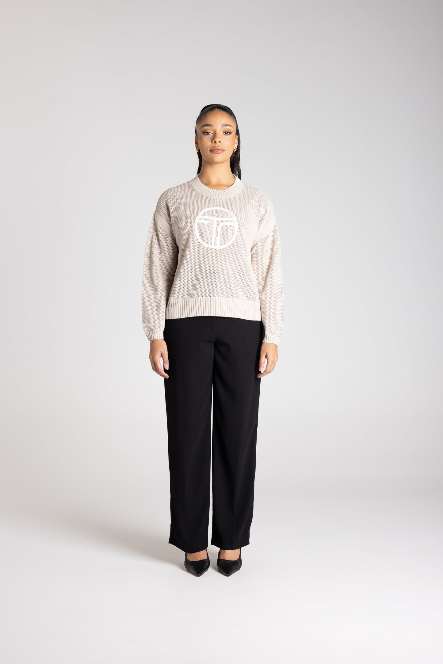 Two-T's Pointelle Knit Logo Sweater - Oat - Sizes: XS M L