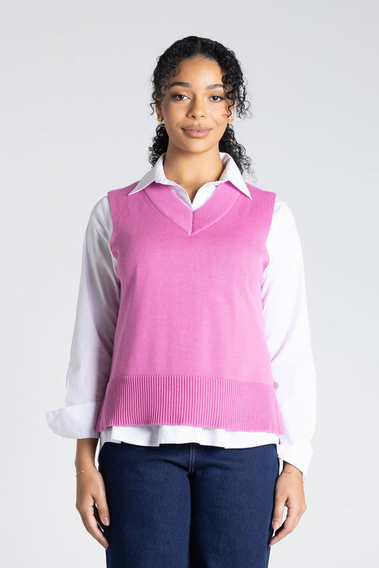 Two-T's V Neck Cotton Knit Vest - Ultra Pink - Sizes: XS M L XL
