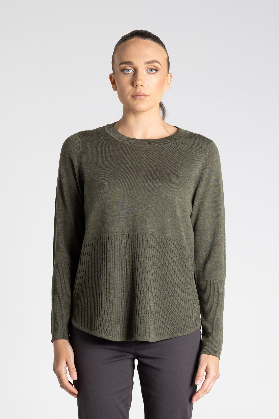 Two-T's Merino Scoop Rib Hem Knit - Khaki - Sizes: S M L