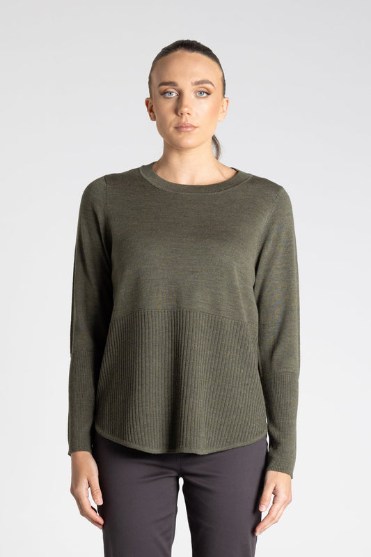Two-T's Merino Scoop Rib Hem Knit - Khaki - Sizes: S M L
