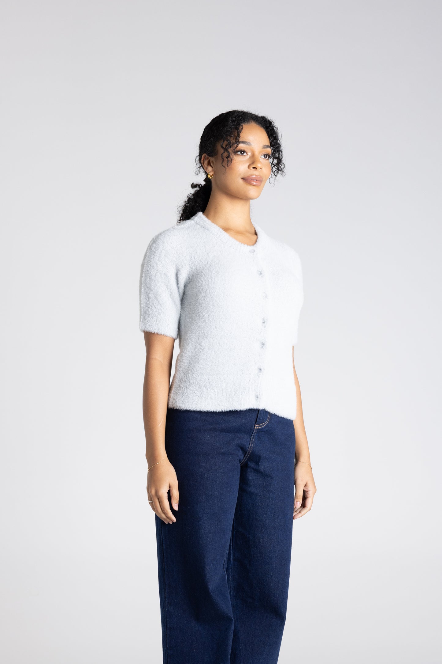 Two -T's Short Sleeve Fluffy Cardigan - Silver - Sizes: XS S M