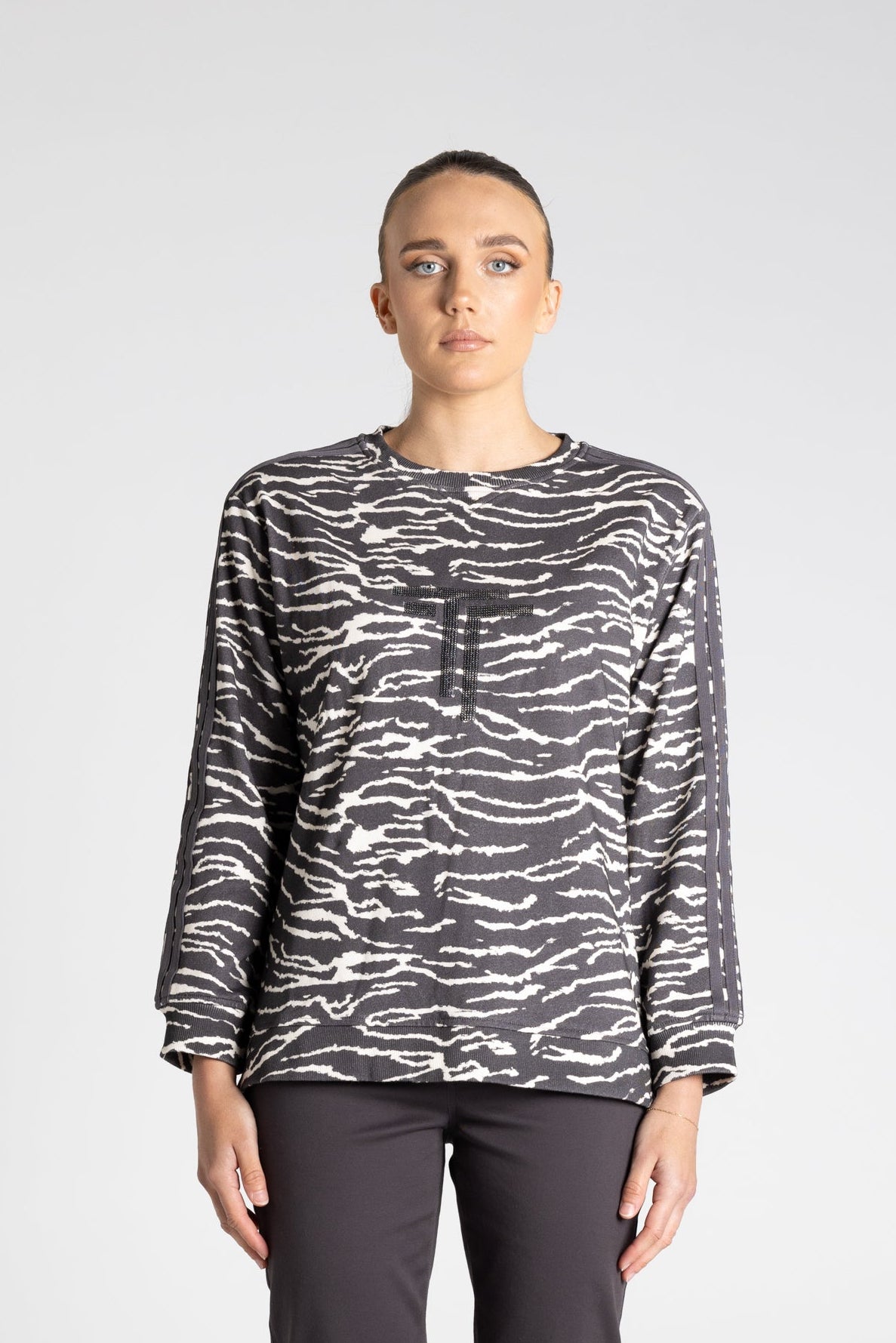Two -T's Zebra Print Logo Sweat Top - Slate/Ivory - Sizes: 10 12 14 16