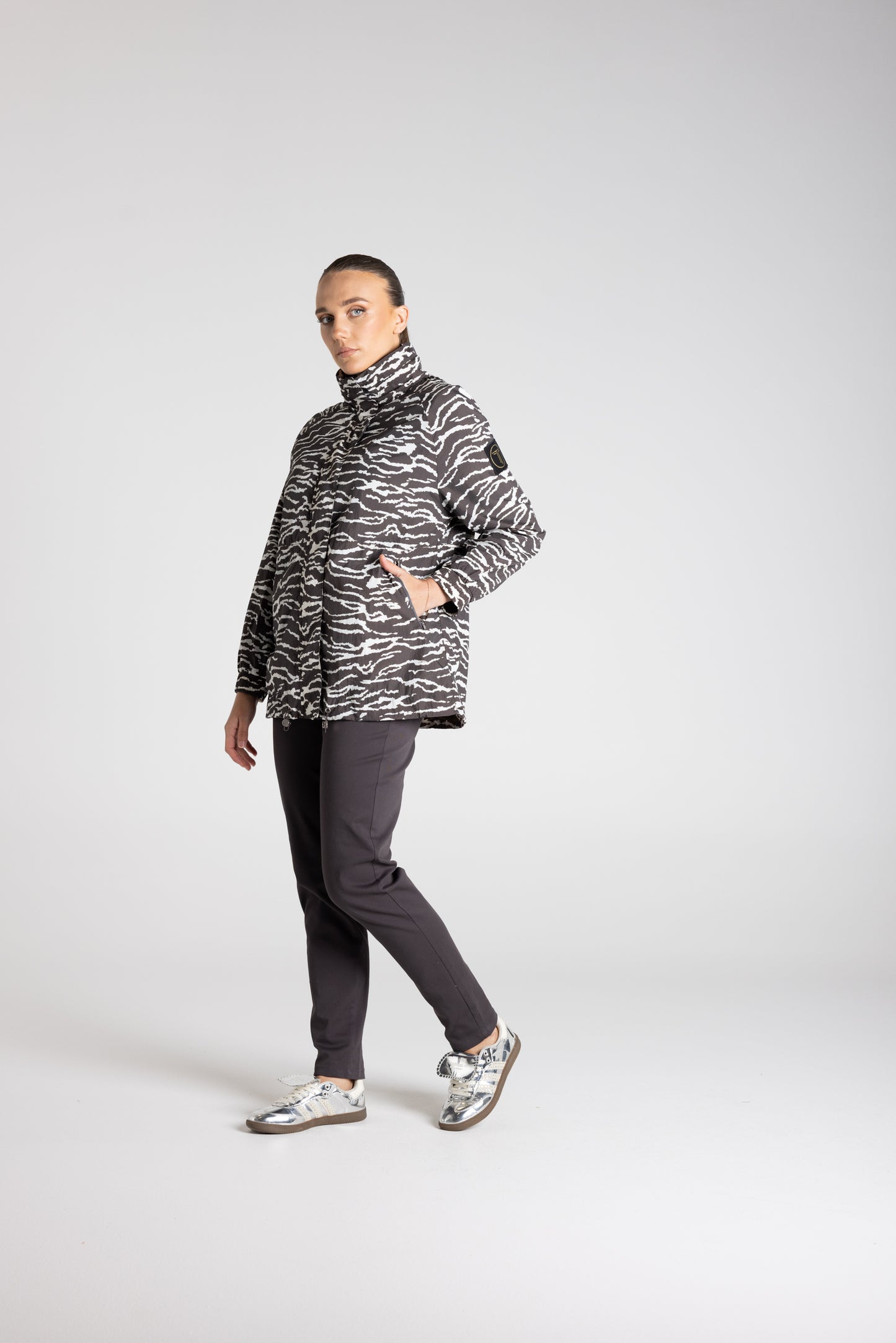 Two-T's Zebra Print Spray Jacket -Slate/Ivory - Sizes: 10 12 14 16