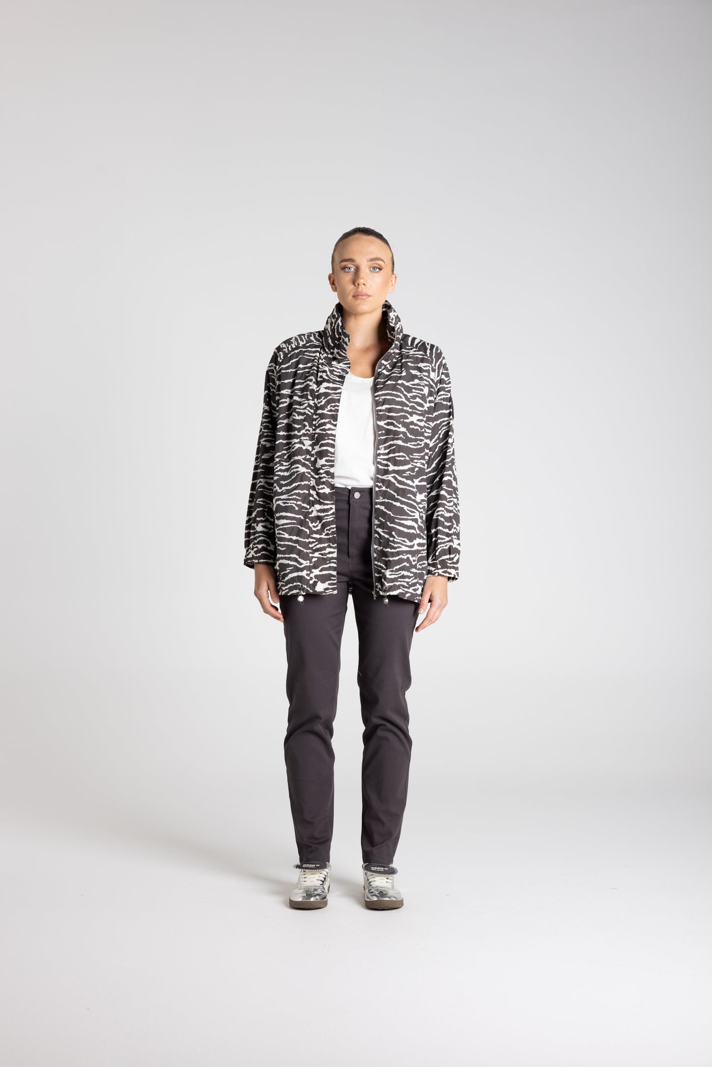 Two-T's Zebra Print Spray Jacket -Slate/Ivory - Sizes: 10 12 14 16
