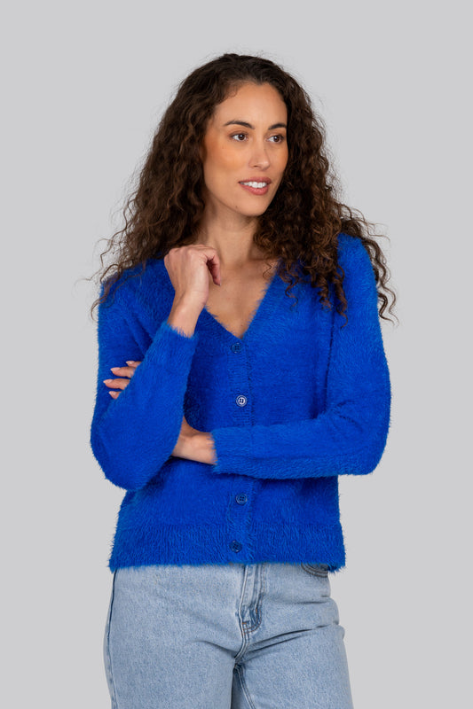 Kaleido V Neck Fluffy Cardi - Azure Blue - Sizes: S M L XL
