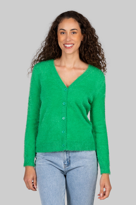 Kaleido V Neck Fluffy Cardigan - Palm Green - Sizes: S M L XL