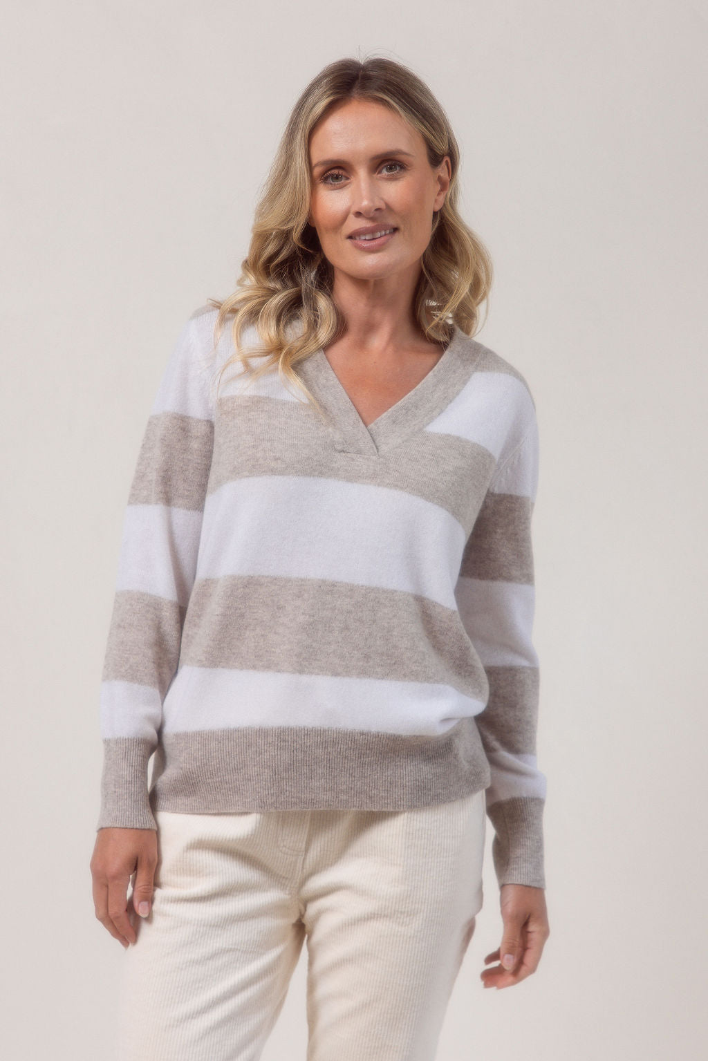 See Saw 100% Merino Wool (CashFeel) V-Neck Striped Sweater - Wheat/White - Sizes: S  L XL