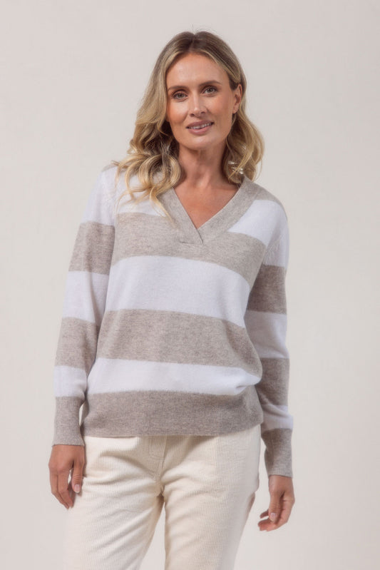 See Saw 100% Merino Wool (CashFeel) V-Neck Striped Sweater - Wheat/White - Sizes: S M L XL