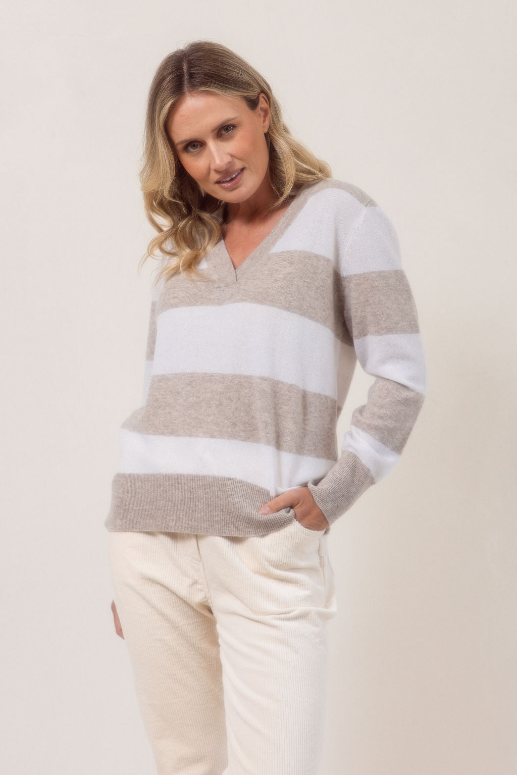 See Saw 100% Merino Wool (CashFeel) V-Neck Striped Sweater - Wheat/White - Sizes: S  L XL