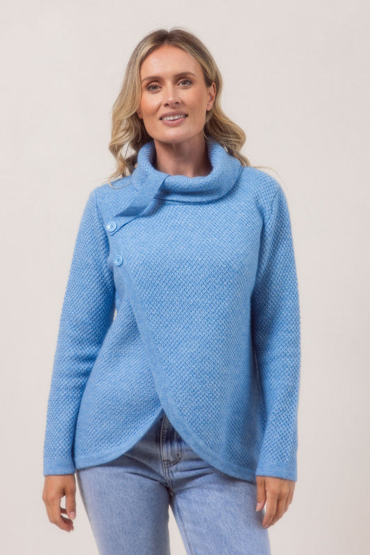 See Saw Moss Stitch Cowl Neck Sweater - Powder Blue - Sizes: S L XL