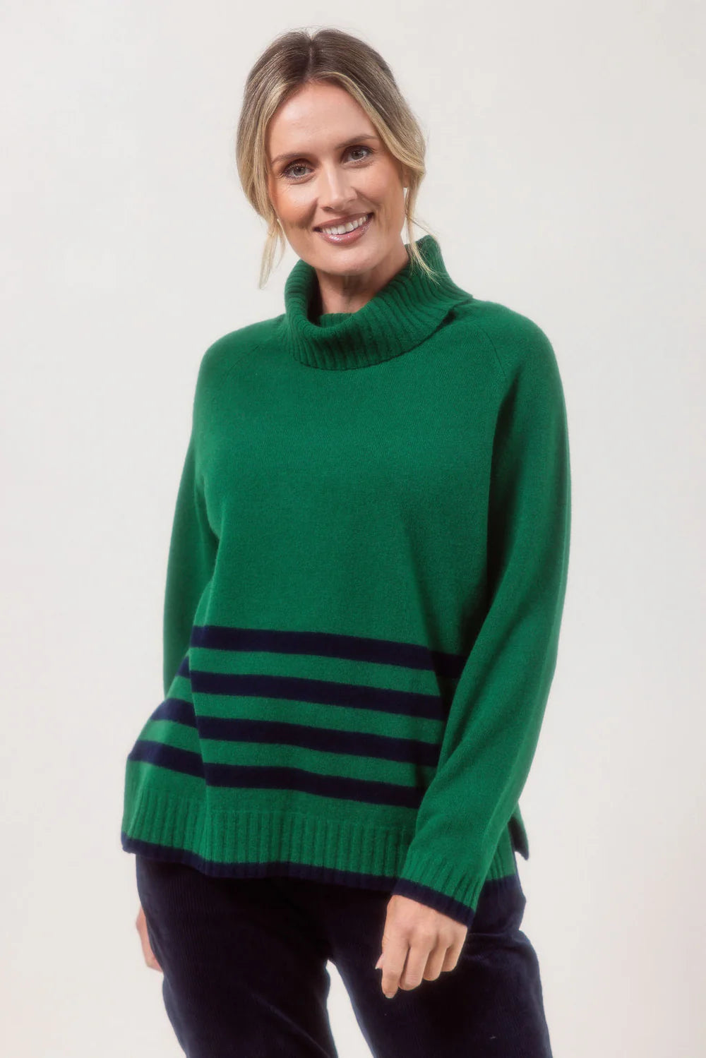 See Saw Merino Wool Roll Neck Stripe Sweater - Green/Navy Trim - Sizes: S  L XL