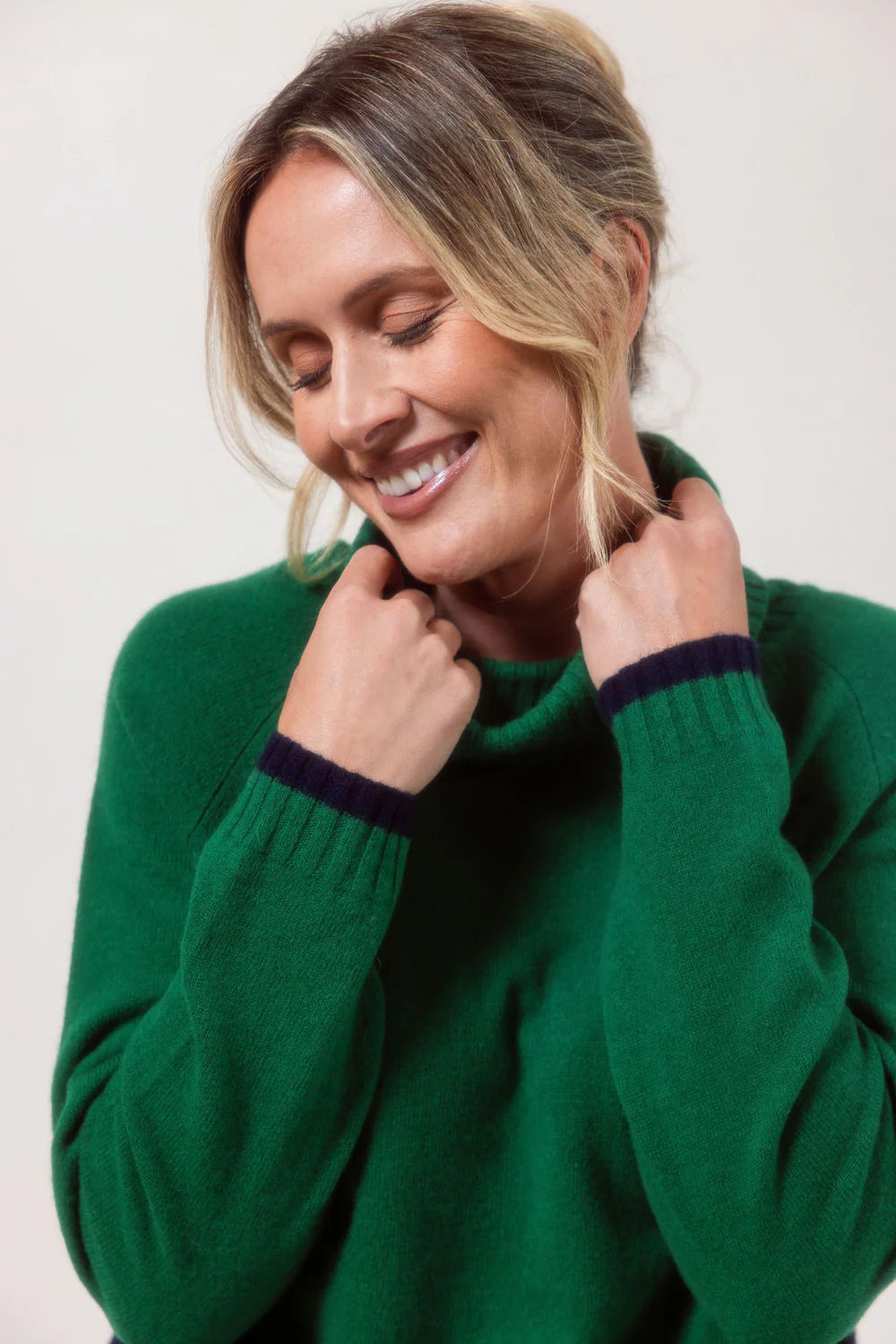 See Saw Merino Wool Roll Neck Stripe Sweater - Green/Navy Trim - Sizes: S  L XL