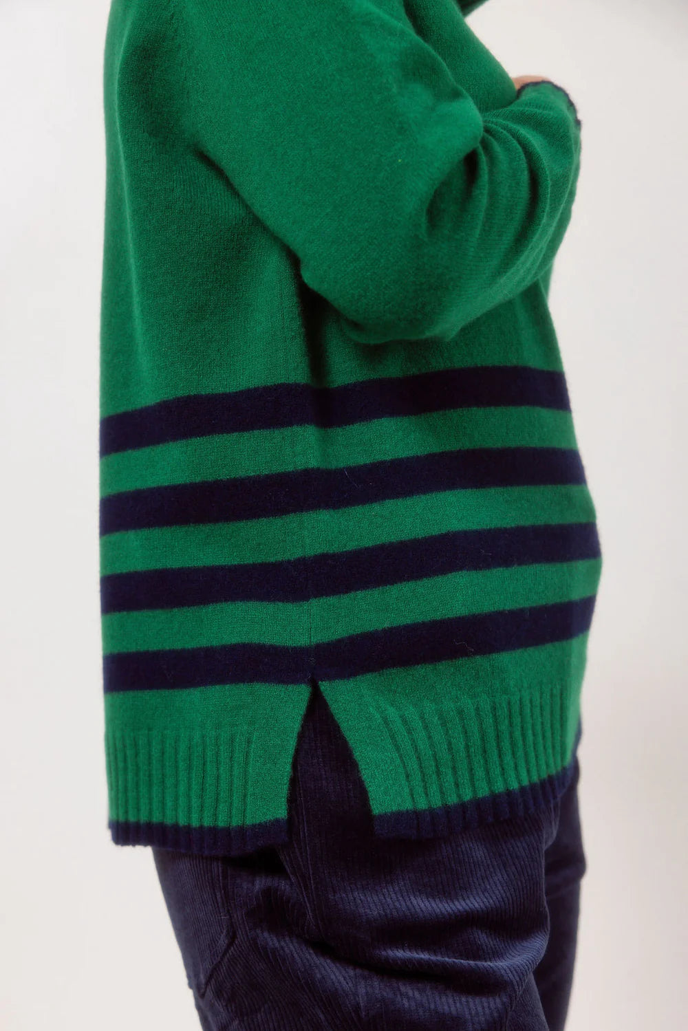 See Saw Merino Wool Roll Neck Stripe Sweater - Green/Navy Trim - Sizes: S  L XL