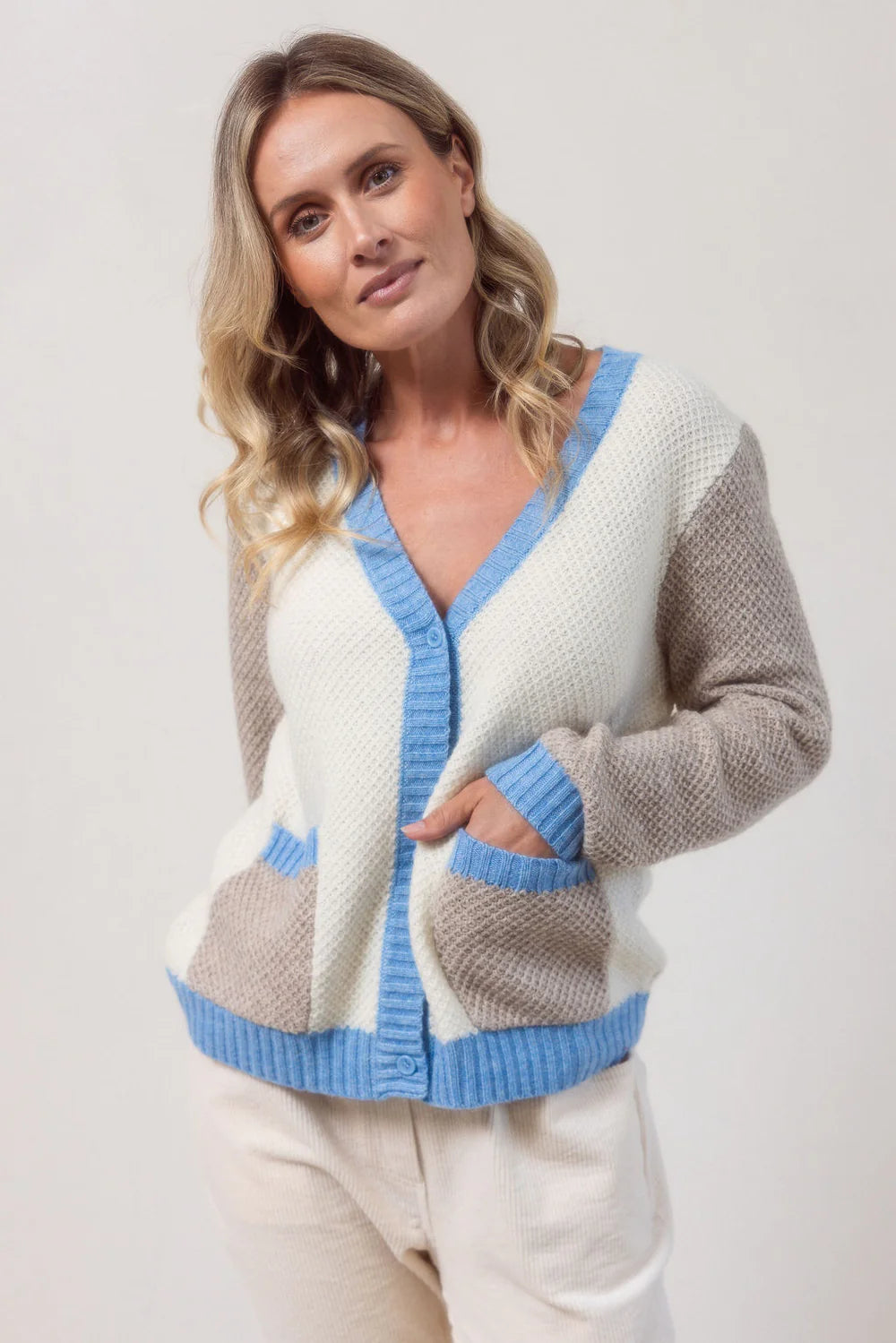 See Saw Spliced Moss Stitch Cardi - Powder Blue  - Sizes: S M XL
