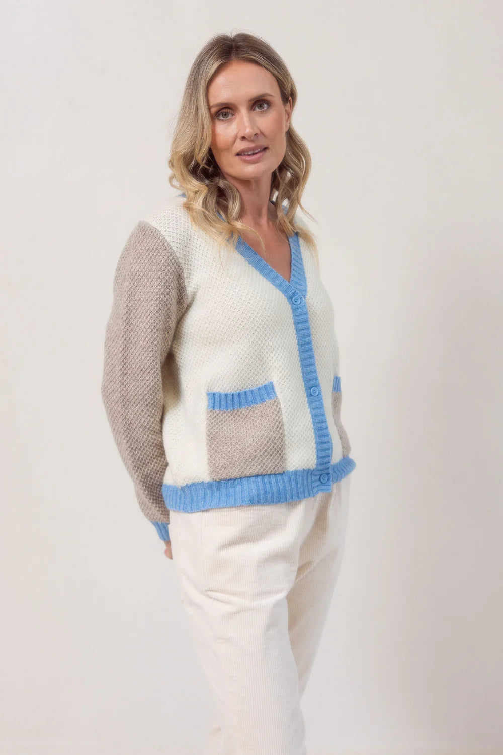 See Saw Spliced Moss Stitch Cardi - Powder Blue  - Sizes: S M XL