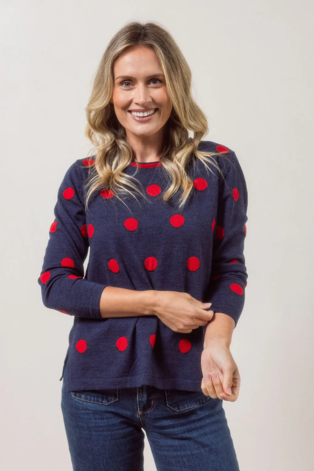 See Saw Merino Spot Sweater  - Indigo With Red Spot - Sizes: S M L XL