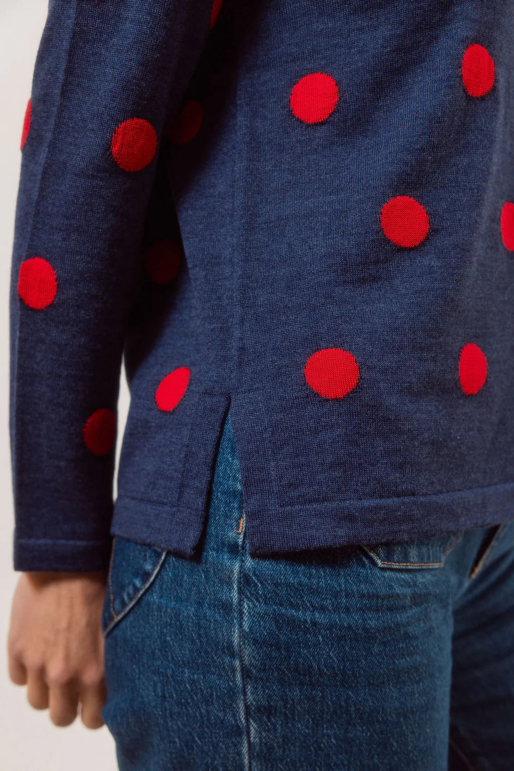 See Saw Merino Spot Sweater  - Indigo With Red Spot - Sizes: S M L XL