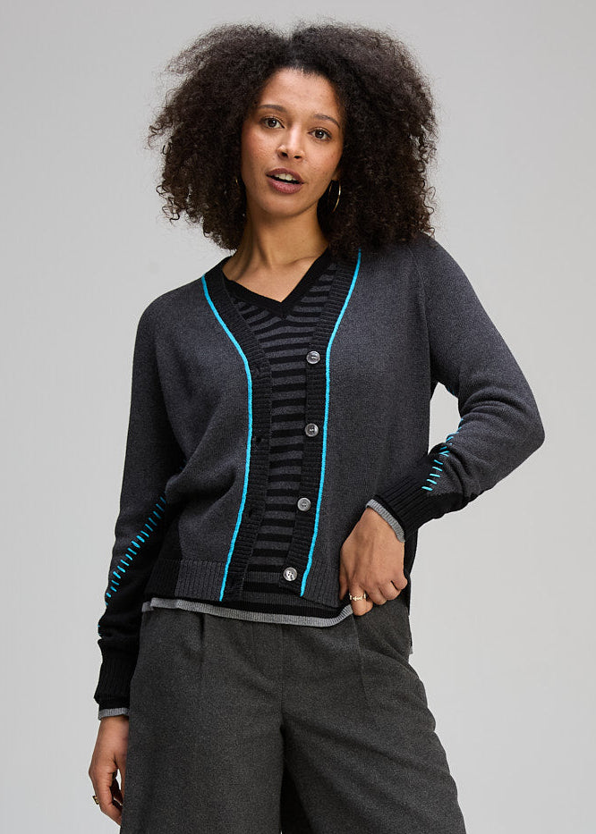 Zaket & Plover Dual Stitch Cardi - Charcoal/Black - Sizes: S M L XL